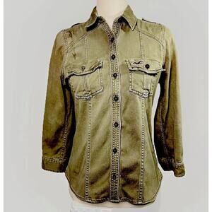 Hollister JR MED Cotton Army Green Military Button Down Top Roll Sleeve Collared